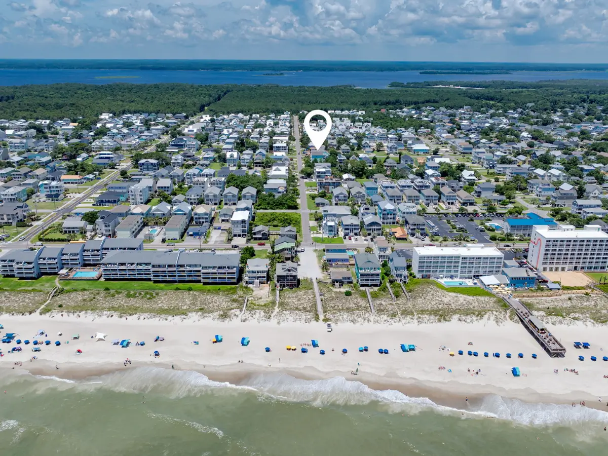 Drone view of A Sail Away vacation rental located just steps from Carolina Beach.