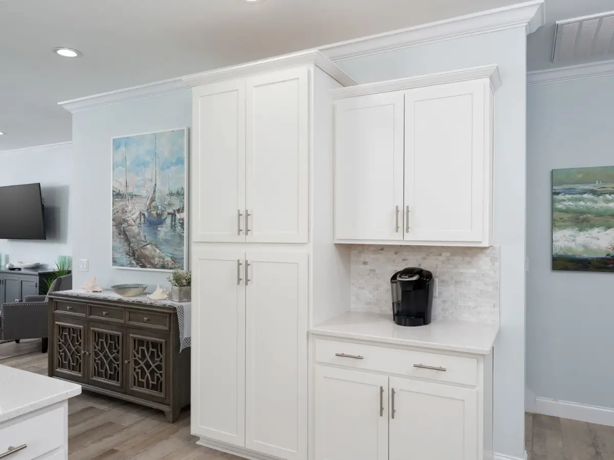Built-in coffee station and pantry storage in the fully equipped kitchen at A Sail Away.