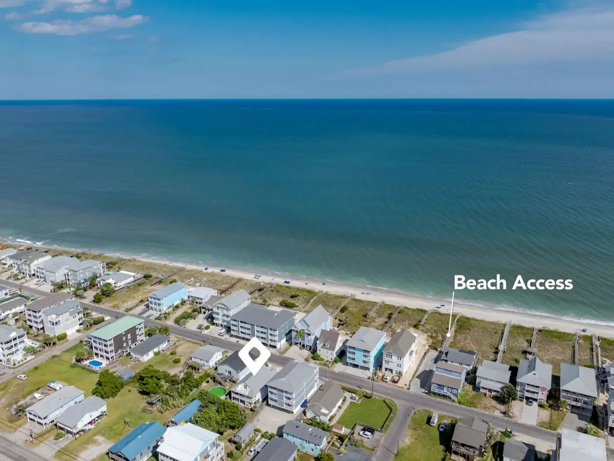 Aerial view highlighting the short walk from Salty Dream to Ocean Isle Beach public access.