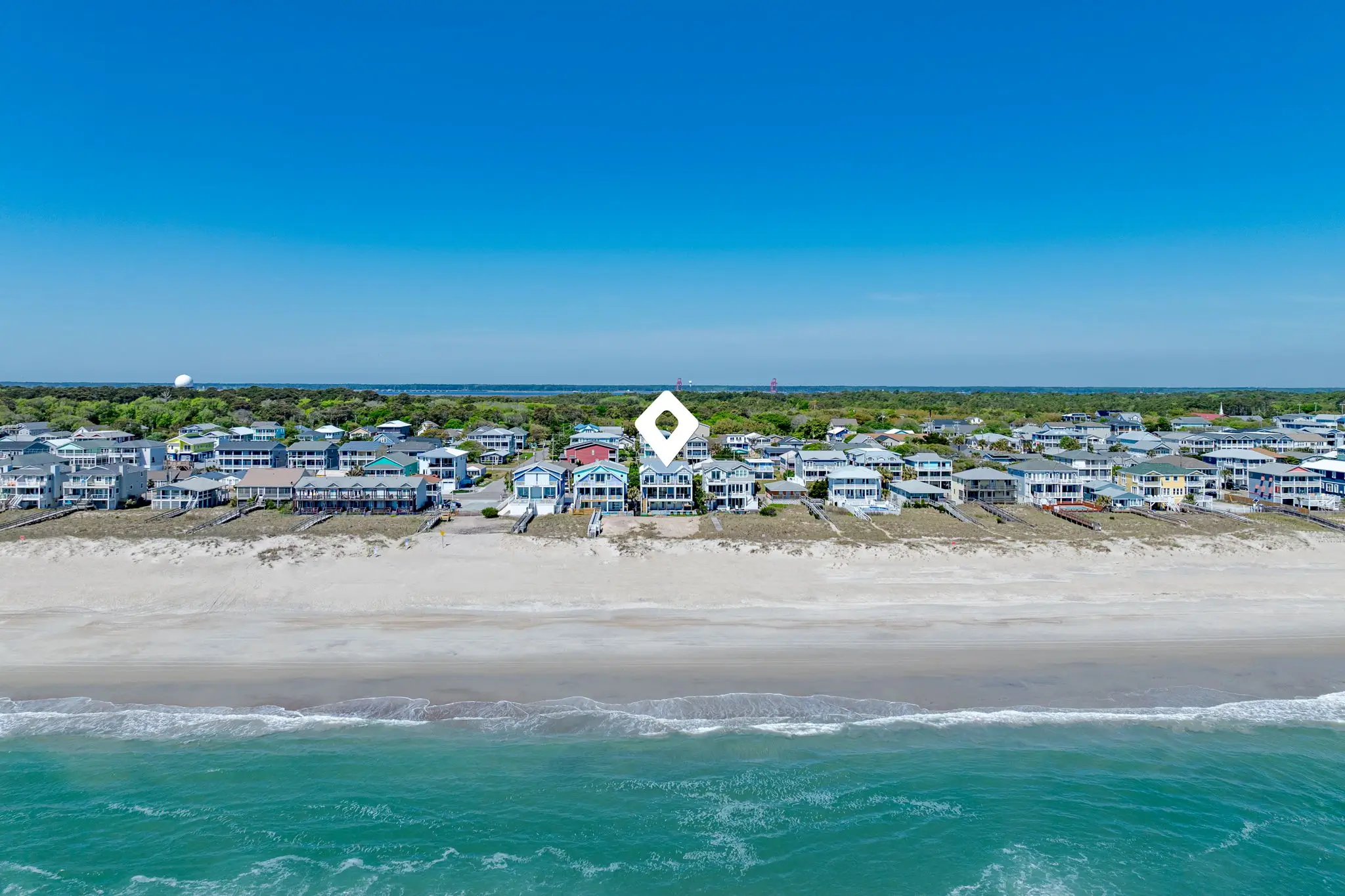 Aerial view of The Pearl oceanfront vacation rental on Kure Beach, North Carolina