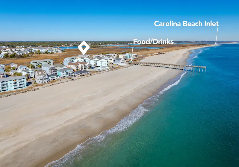 Aerial view of Carolina Beach near The Sunshine Shack, the pier and Carolina Beach Inlet