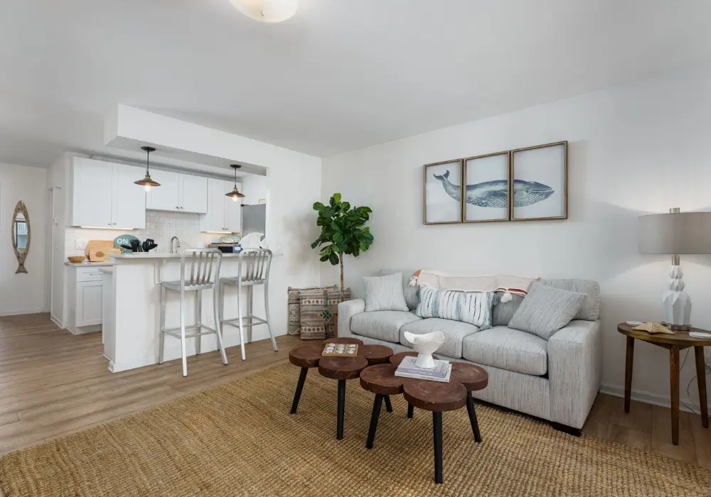 Comfortable coastal living room with sleeper sofa at The Sunshine Shack