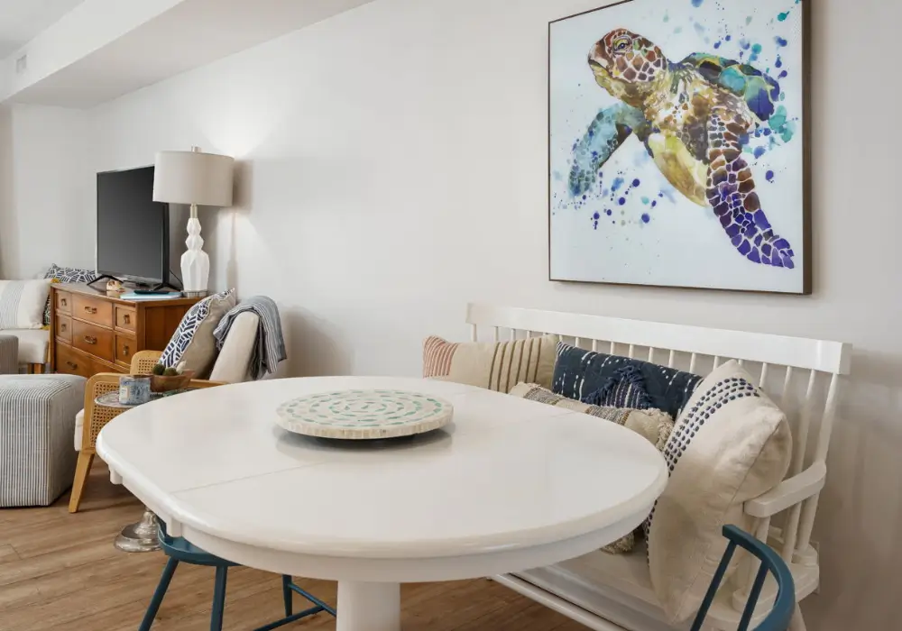 Bright dining area with coastal decor at The Sunshine Shack