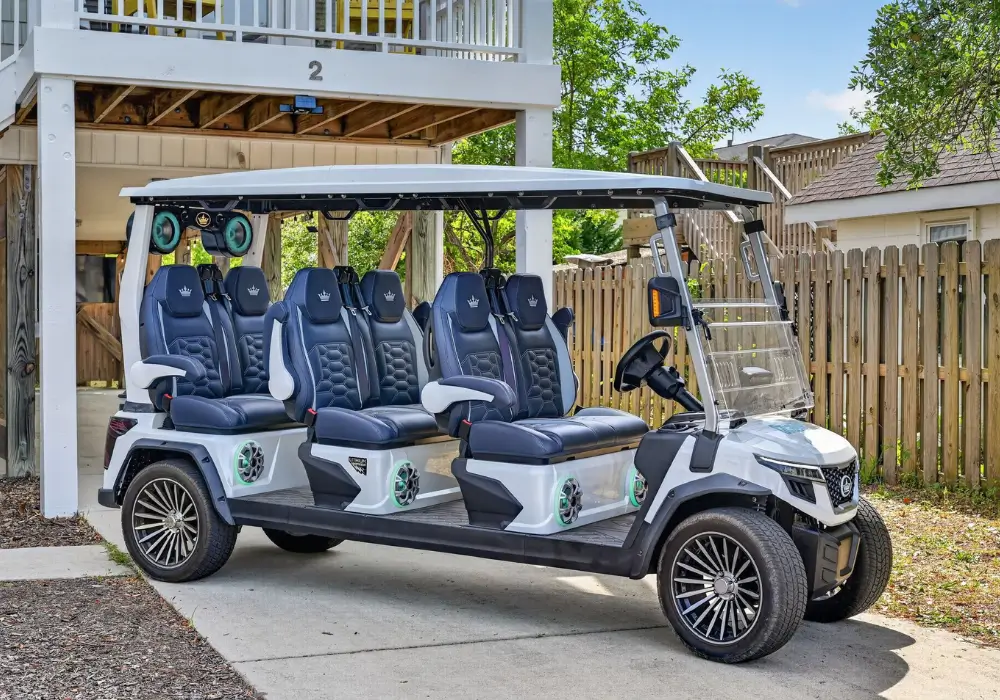 Six-seat golf cart available at Tuna Luna in Carolina Beach